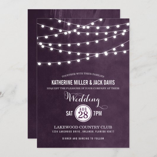 Plum String Lights Hochzeitseinladung Einladung (Vorne/Hinten)