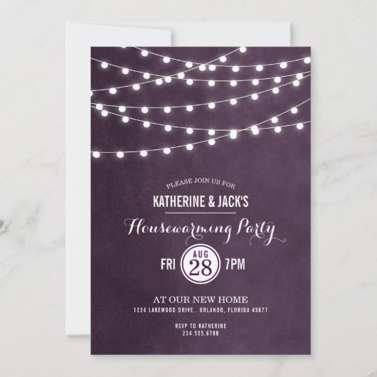 Plum String Lights Housewarming-Party Einladung (Vorderseite)