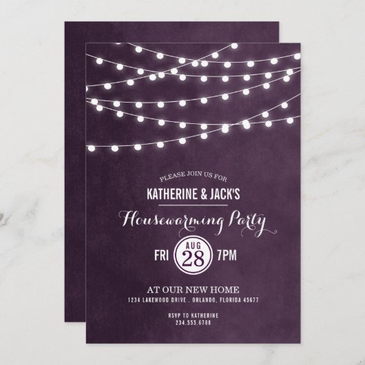 Plum String Lights Housewarming-Party Einladung (Vorne/Hinten)