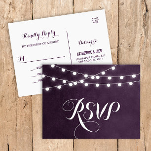 Plum String Lights Wedding RSVP Postcard Einladungspostkarte