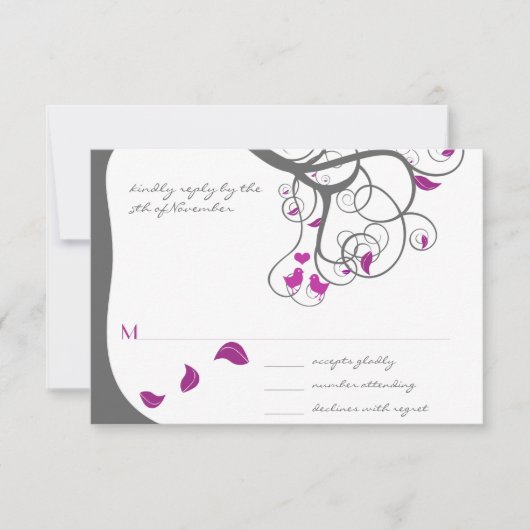 Plum Tree Swirls Love Birds Wedding Invitation Einladung (Vorderseite)