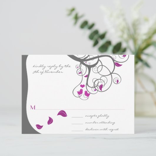 Plum Tree Swirls Love Birds Wedding Invitation Einladung (Stehend Vorderseite)