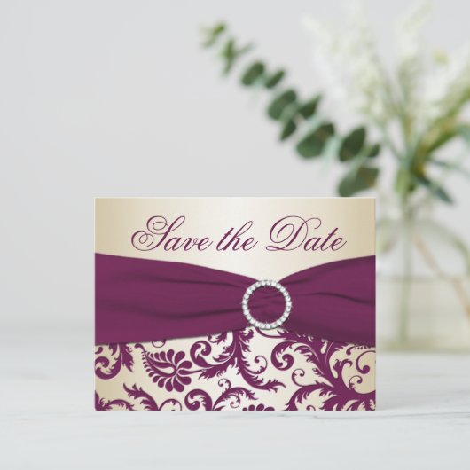 Plum und Champagne Damask Save the Date Postkarte (Stehend Vorderseite)
