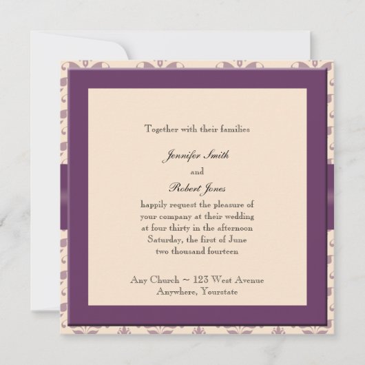 Plum und Champagner Damask Hochzeitseinladung Einladung (Vorderseite)