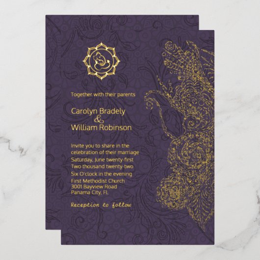 Plum und Gold Mandala und Ganesha Wedding Foil Folieneinladung (Vorderseite/Rückseite)