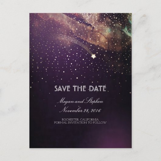 Plum und Gold Shooting Star Night Save the Date Ankündigungspostkarte (Vorderseite)