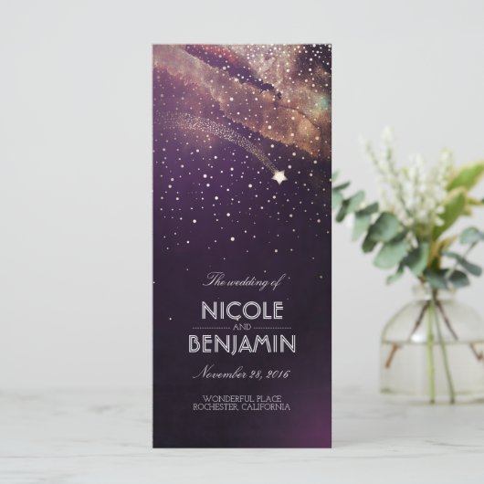 Plum und Gold Shooting Star Night Weddings Program Programm (Stehend Vorderseite)