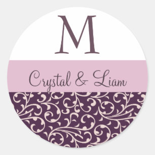 PLUM und LILAC PINK Damask Wedding Monogram Runder Aufkleber