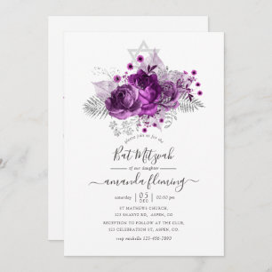 Plum und Silver Watercolor Bat Mitzvah Einladung