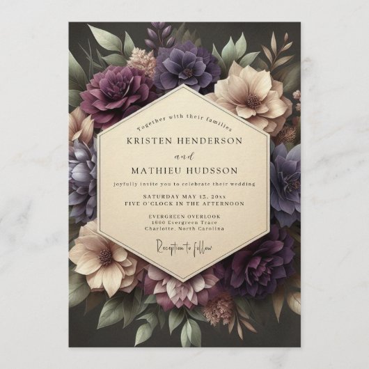 Plum Victorian Bloom Wedding Einladung (Vorderseite)