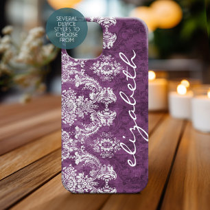Plum Vintag Damask Muster und Name Case-Mate iPhone 14 Hülle