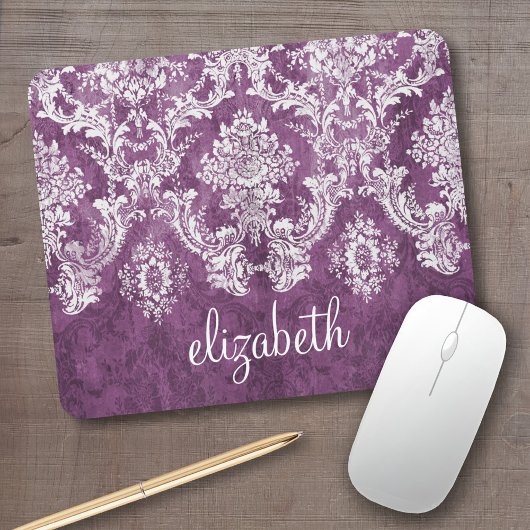Plum Vintag Damask Muster und Name Mousepad