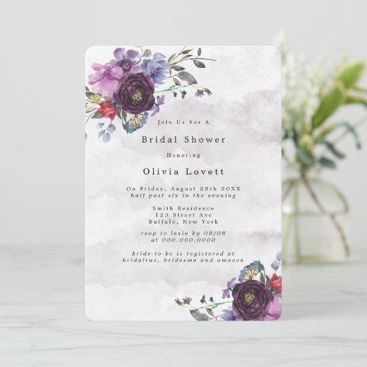 Plum Violet Botanisches Brautparty Einladung (Stehend Vorderseite)