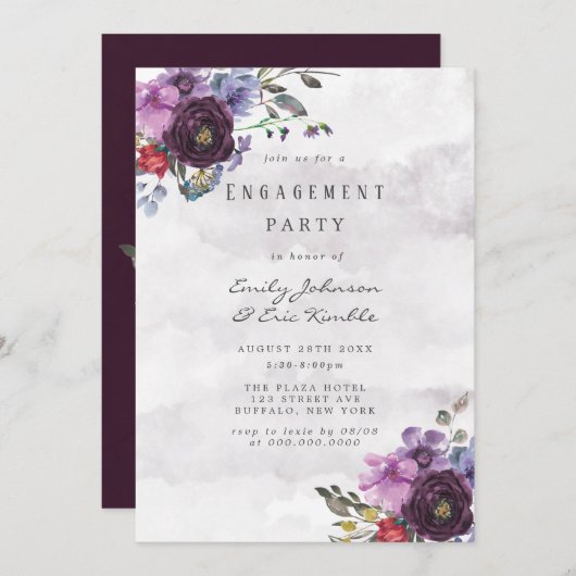 Plum Violet Chic Peony Engagement Party Einladung (Vorne/Hinten)