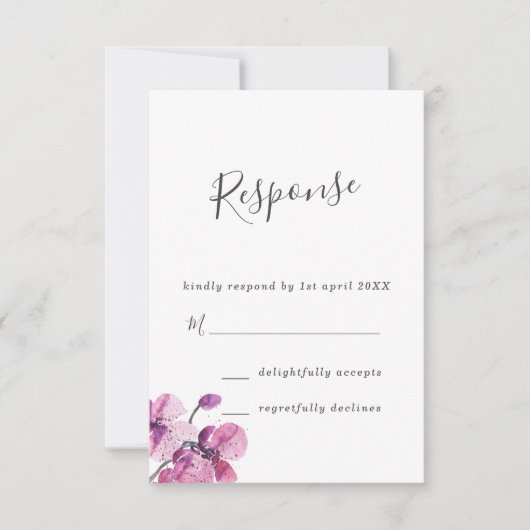 Plum Watercolor Orchids Wedding RSVP Karte (Vorderseite)