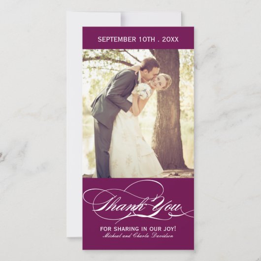 Plum Wedding Danke Foto Card (4x8) (Vorderseite)