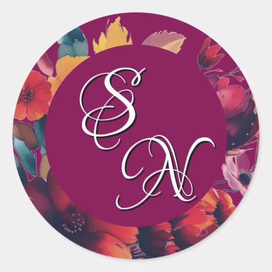 Plum Wildblumen Bouquet Monogram Initial Sticker (Vorderseite)