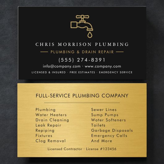 Plumber Black & Gold Metallic Minimalist Visitenkarte