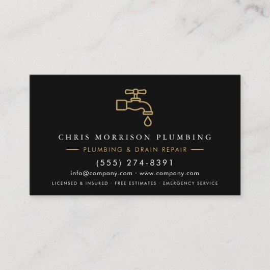 Plumber Black & Gold Metallic QR Code Visitenkarte (Vorderseite)
