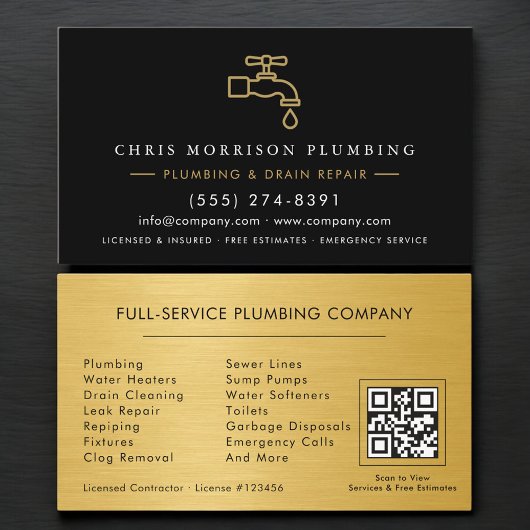Plumber Black & Gold Metallic QR Code Visitenkarte