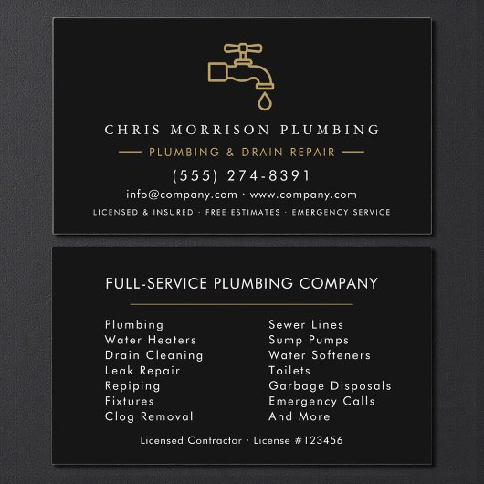Plumber Dark Elegant Black & Gold Minimalist Visitenkarte