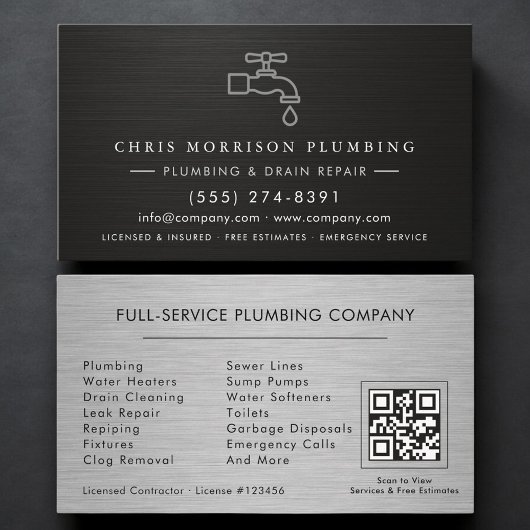 Plumbing Company QR Code Silver Black Metallic Visitenkarte