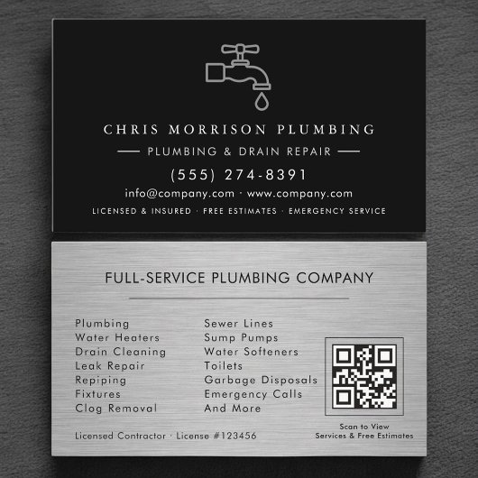 Plumbing Company Silver Metallic QR Code Visitenkarte