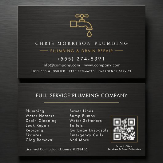 Plumbing QR Code Metallic Black & Gold  Visitenkarte
