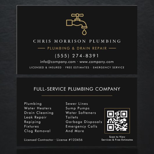 Plumbing Service Black & Gold QR Code Visitenkarte