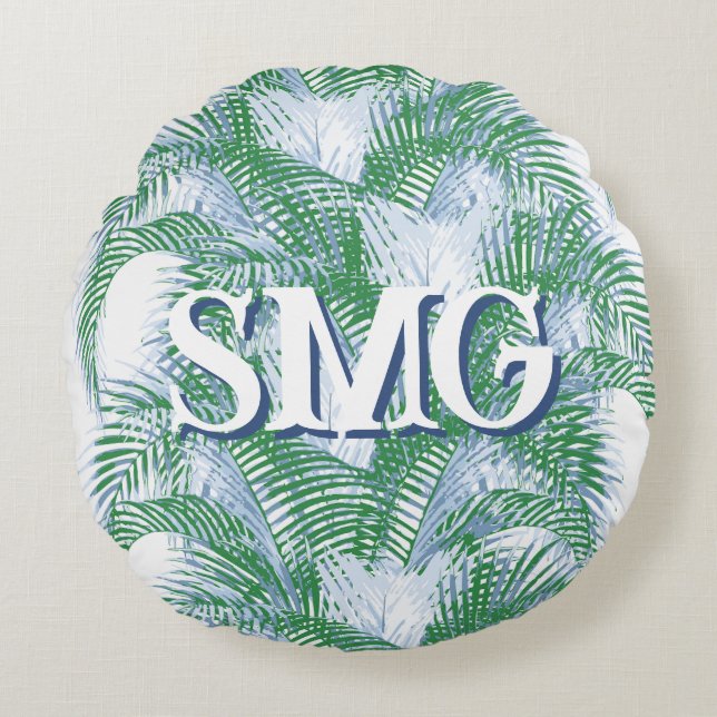 Plume Palm Fronds in Slate + Green Personalized Rundes Kissen (Vorderseite)