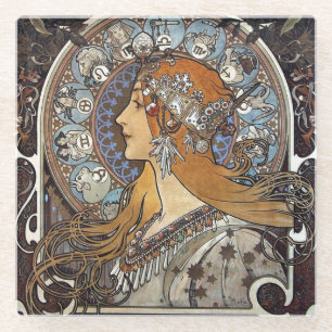 Plume Zodiac Woman von Alphonse Mucha - Jugendstil Glasuntersetzer