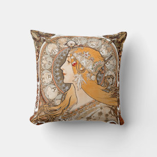 Plume Zodiac Woman von Alphonse Mucha - Jugendstil Kissen