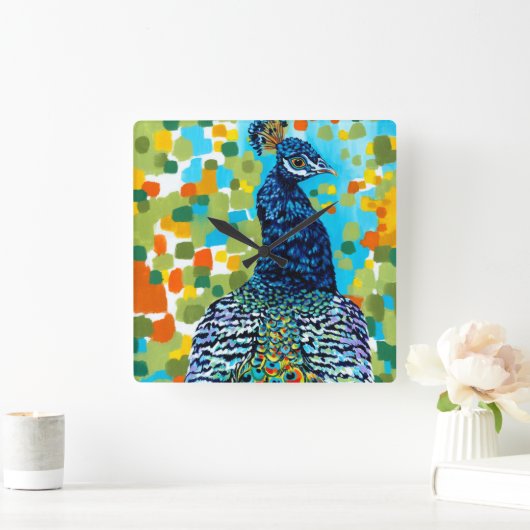 Plumed Pfau II Quadratische Wanduhr (Zuhause)