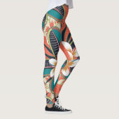 Plumeria Blume Blau Beige Grüne Farben Leggings (Rechts)
