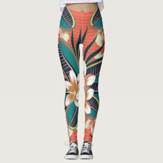Plumeria Blume Blau Beige Grüne Farben Leggings
