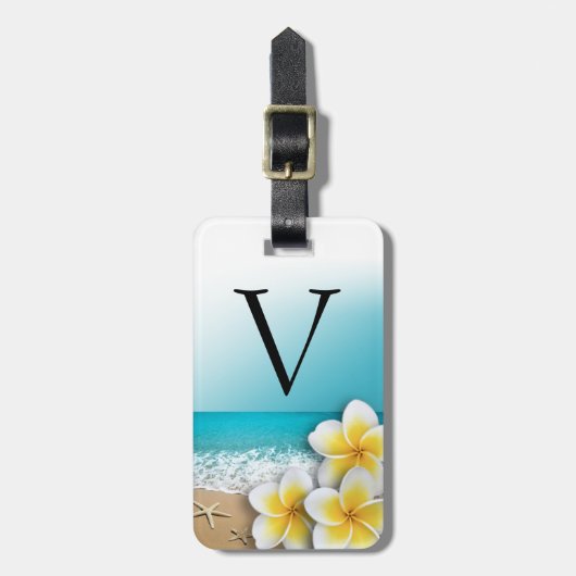 Plumeria Frangipani Blume Tropical Beach Monogram Gepäckanhänger (Vorderseite vertikal)