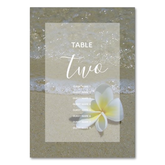Plumeria Frangipani on Sand Wedding Guest Names Tischnummer (Vorderseite)