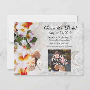 Plumeria-Orchideen-Lei im Sand Foto Save-the-Date Save The Date