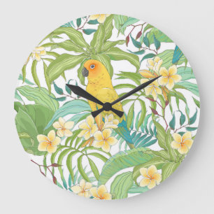 Plumeria, Papagei, Vintages Muster. Große Wanduhr