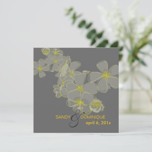 Plumerias-Farben, grau-gelb Einladung (Stehend Vorderseite)