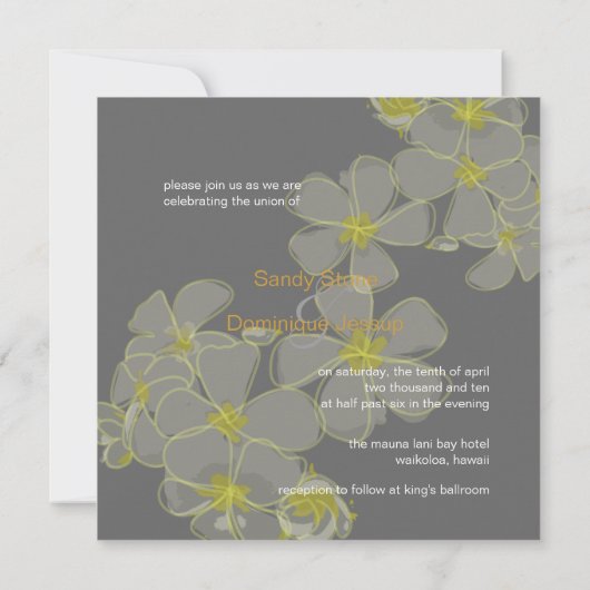 Plumerias-Farben, grau-gelb Einladung (Rückseite)