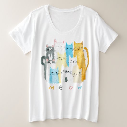 Plus Größe MEOW Cat Shirt - Farbiges & lustiges T- (Design vorne)
