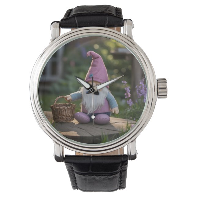 Plüsch-Gnom-Figur mit gewebtem Korb im Sommer  Armbanduhr (Vorderseite)