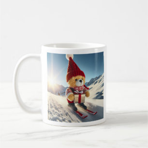Plüschbär auf Skier bringt ein Geschenk Kaffeetasse