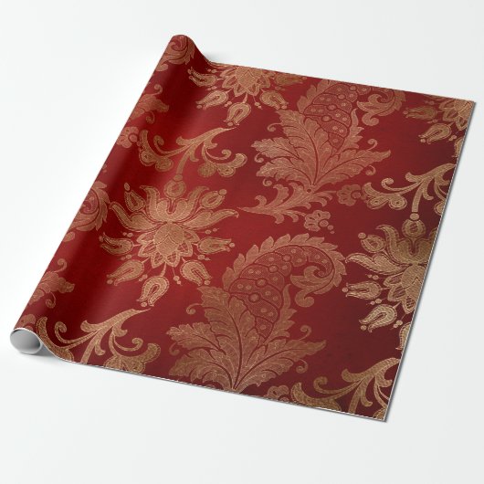 Plüschroter und goldener Damast Geschenkpapier (Ungerollt)