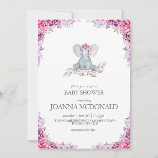 Plush Elephant | Safari Floral Baby Girl Dusche Einladung (Vorderseite)