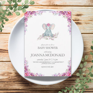 Plush Elephant Safari Floral Baby Girl Dusche Einladung