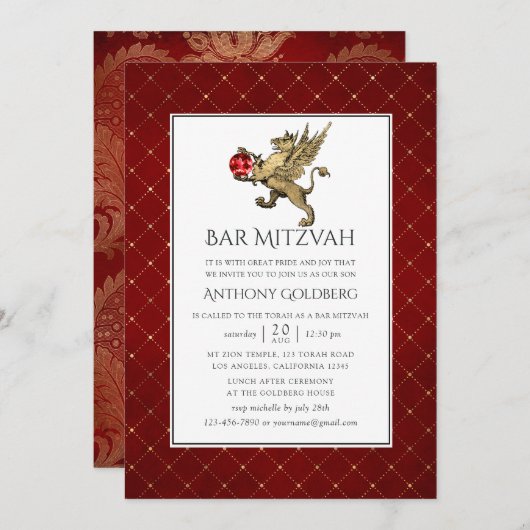 Plush Red and Gold Damask and Lattice Bar Mitzvah Einladung (Vorne/Hinten)