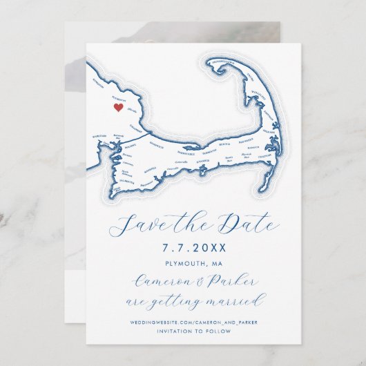 Plymouth MA Cape Cod Map Navy Blue Wedding Save The Date (Vorne/Hinten)