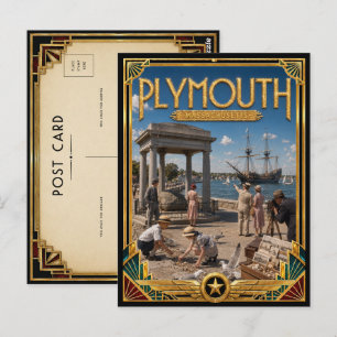 Plymouth Massachusetts Vintage Art Deco Goldenes Z Postkarte